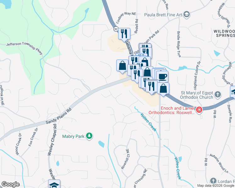 map of restaurants, bars, coffee shops, grocery stores, and more near 4569 Chatsworth Overlook in Roswell