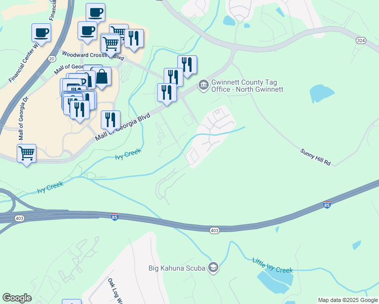 map of restaurants, bars, coffee shops, grocery stores, and more near 2011 Appaloosa Mill Circle Northeast in Buford