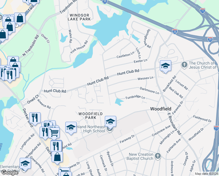 map of restaurants, bars, coffee shops, grocery stores, and more near 2524 Chatsworth Road in Columbia