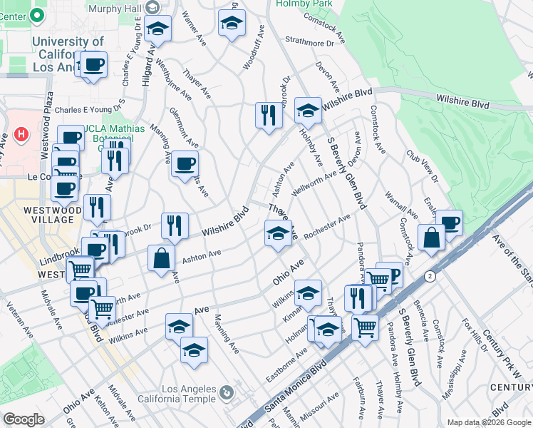 map of restaurants, bars, coffee shops, grocery stores, and more near 10560 Wilshire Boulevard in Los Angeles