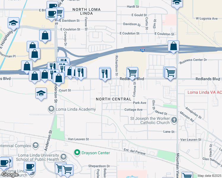 map of restaurants, bars, coffee shops, grocery stores, and more near 60 Leota Street in Loma Linda