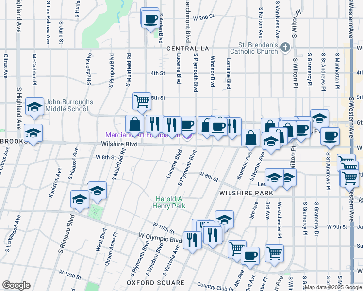 map of restaurants, bars, coffee shops, grocery stores, and more near Wilshire Blvd & S Lucerne Blvd in Los Angeles