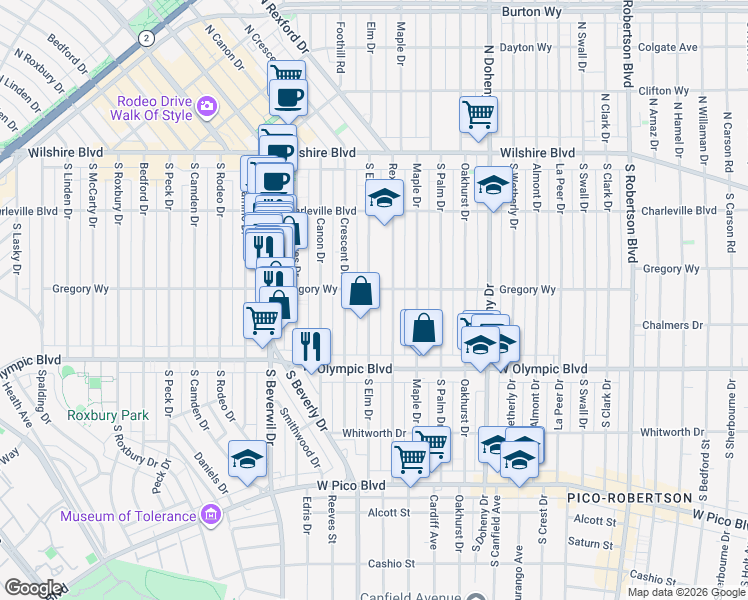 map of restaurants, bars, coffee shops, grocery stores, and more near 304 South Elm Drive in Beverly Hills