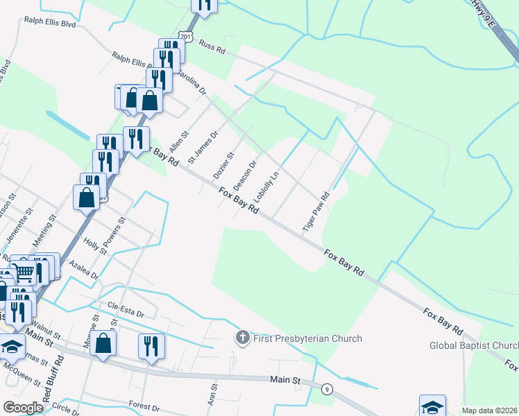 map of restaurants, bars, coffee shops, grocery stores, and more near 510 Loblolly Lane in Loris