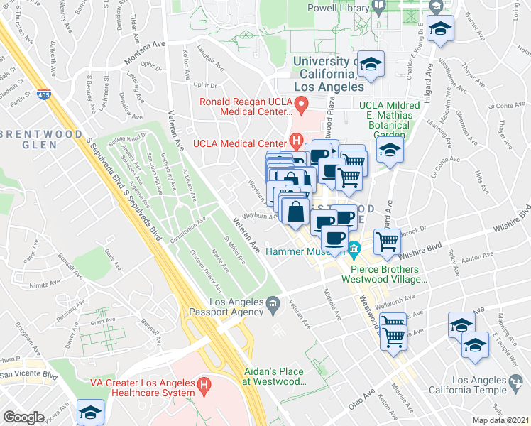 map of restaurants, bars, coffee shops, grocery stores, and more near 925 Weyburn Avenue in Los Angeles