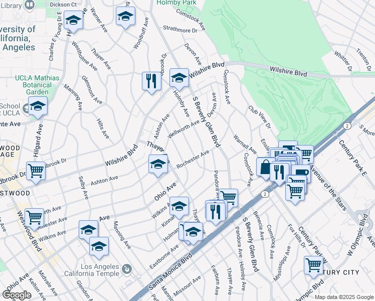 map of restaurants, bars, coffee shops, grocery stores, and more near 1353 Woodruff Avenue in Los Angeles