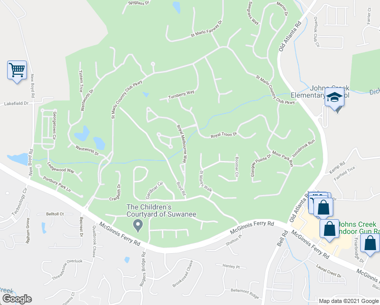 map of restaurants, bars, coffee shops, grocery stores, and more near 7950 Royal Melbourne Way in Duluth