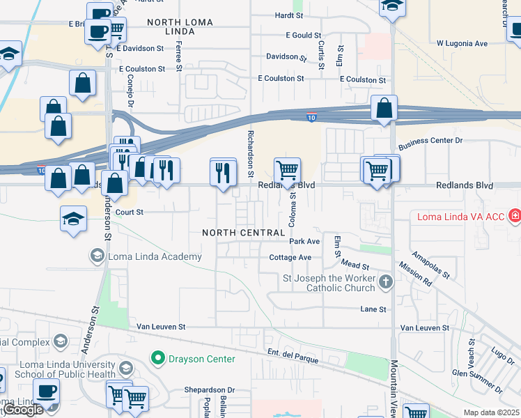 map of restaurants, bars, coffee shops, grocery stores, and more near 30 Dart Street in Loma Linda