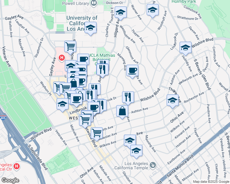 map of restaurants, bars, coffee shops, grocery stores, and more near 10778 Weyburn Avenue in Los Angeles