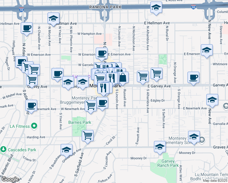 map of restaurants, bars, coffee shops, grocery stores, and more near 123 South Lincoln Avenue in Monterey Park