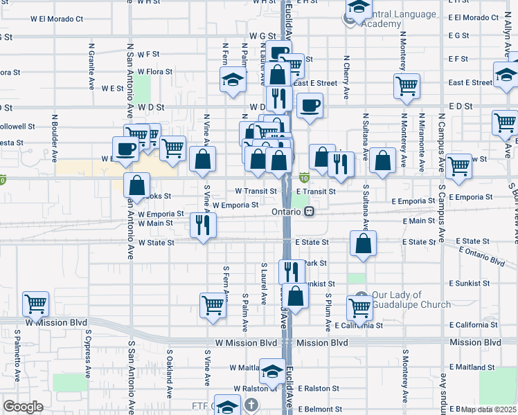 map of restaurants, bars, coffee shops, grocery stores, and more near 201 West Emporia Street in Ontario