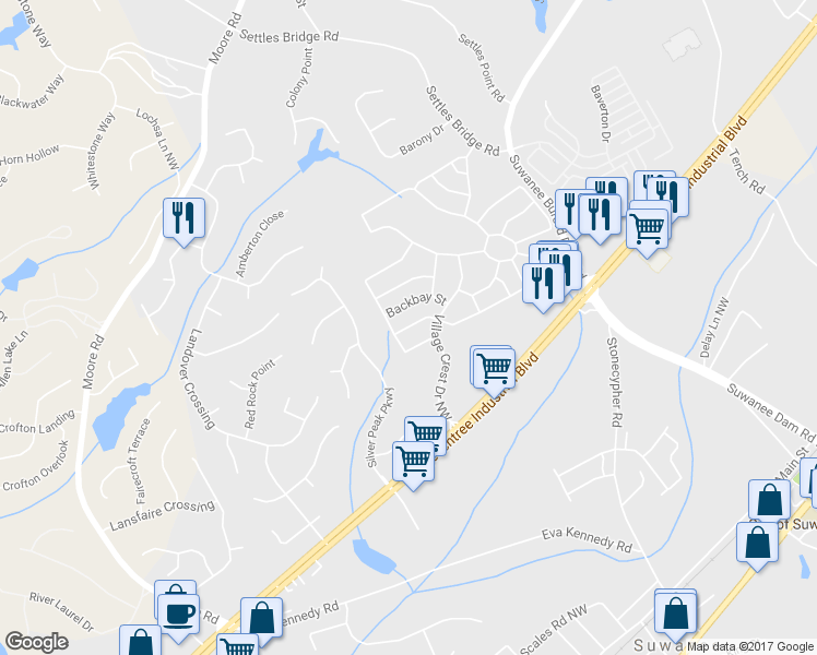 map of restaurants, bars, coffee shops, grocery stores, and more near 901 Cotton Mill Place in Suwanee