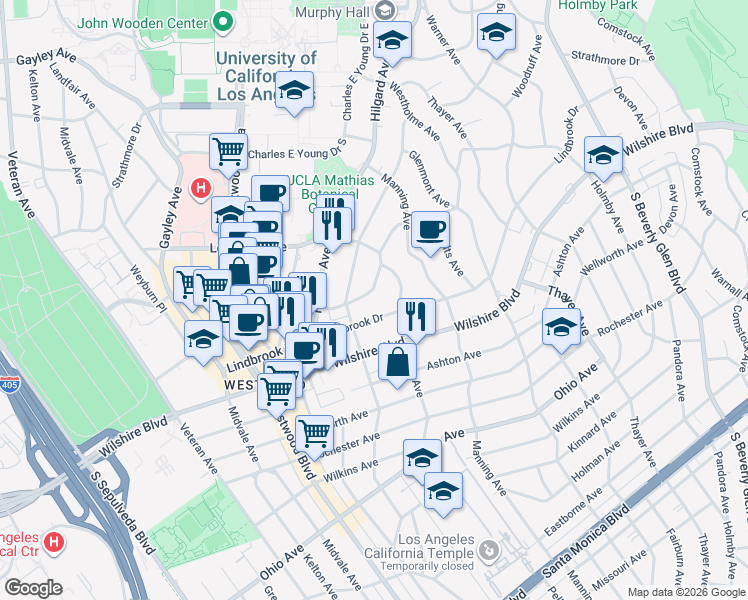 map of restaurants, bars, coffee shops, grocery stores, and more near 10778 Weyburn Avenue in Los Angeles