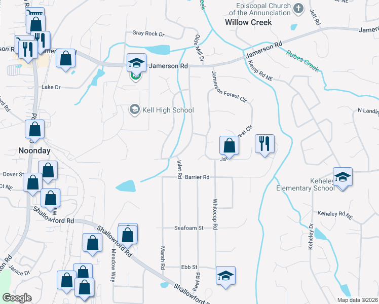 map of restaurants, bars, coffee shops, grocery stores, and more near 4584 Jamerson Forest Parkway in Marietta