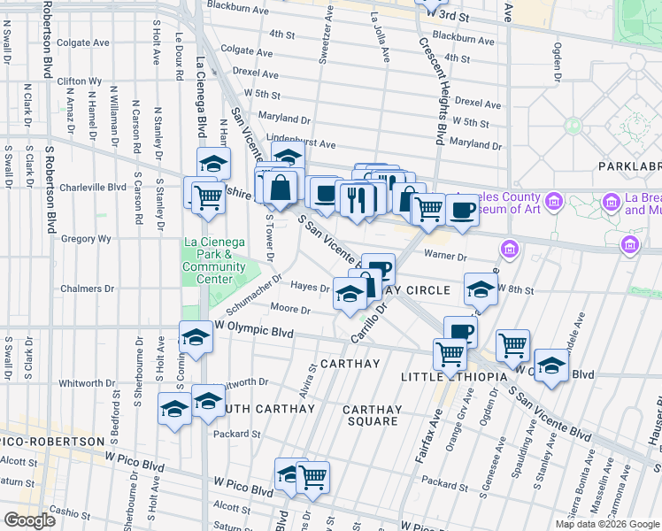 map of restaurants, bars, coffee shops, grocery stores, and more near 6501 Commodore Sloat Drive in Los Angeles