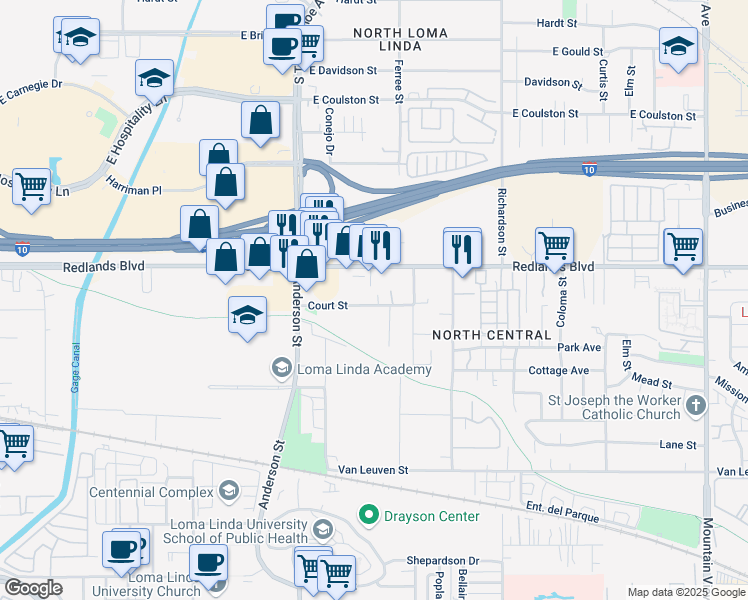 map of restaurants, bars, coffee shops, grocery stores, and more near 25050 Court Street in Loma Linda