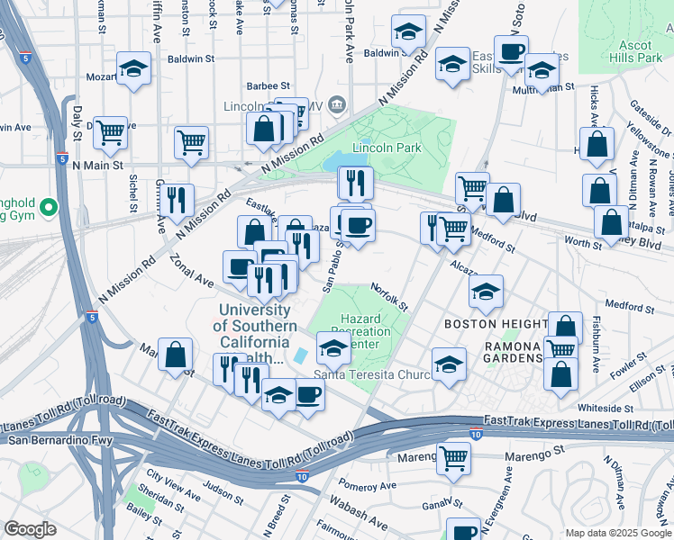 map of restaurants, bars, coffee shops, grocery stores, and more near 1420 San Pablo Street in Los Angeles