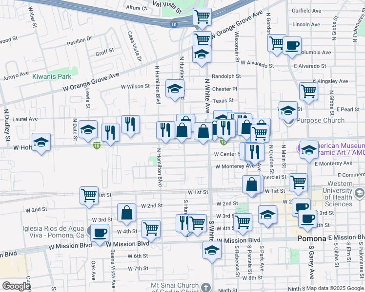 map of restaurants, bars, coffee shops, grocery stores, and more near 730 West Holt Avenue in Pomona