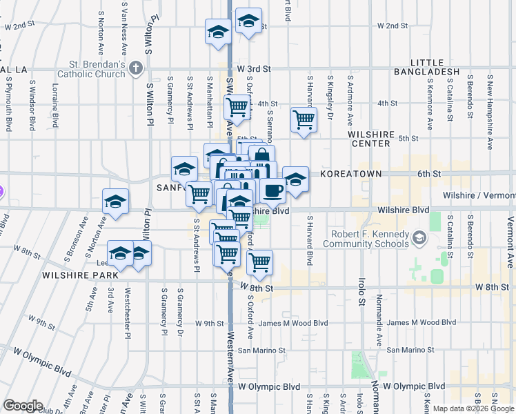 map of restaurants, bars, coffee shops, grocery stores, and more near 3751 Wilshire Boulevard in Los Angeles