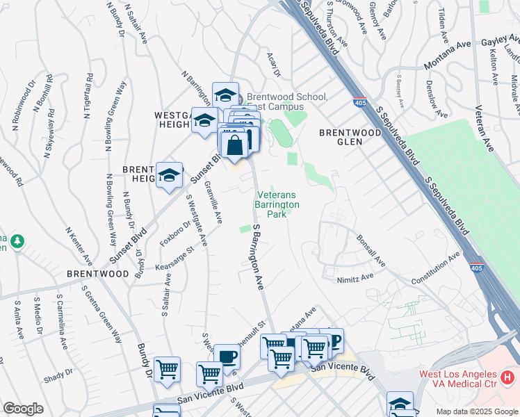 map of restaurants, bars, coffee shops, grocery stores, and more near 330 South Barrington Avenue in Los Angeles