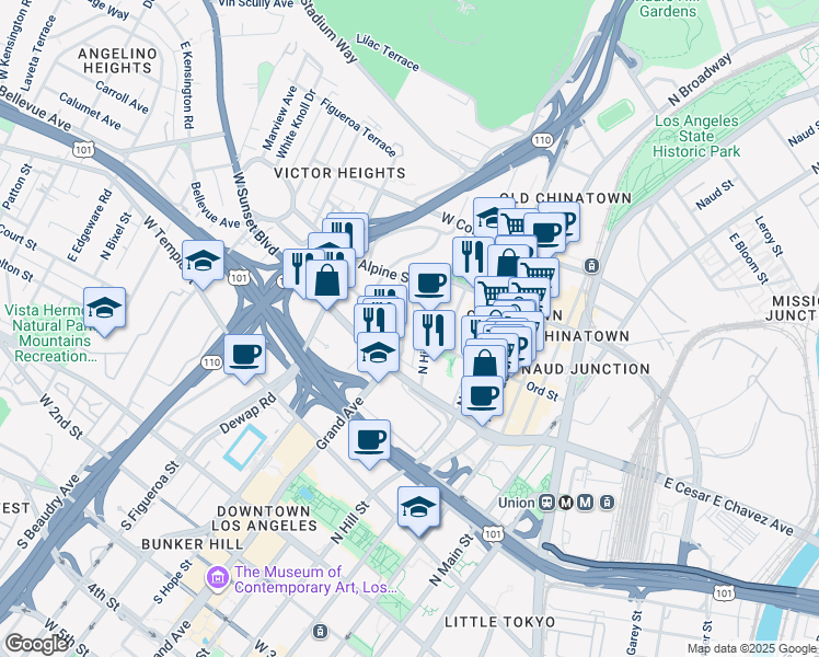 map of restaurants, bars, coffee shops, grocery stores, and more near 648 North Grand Avenue in Los Angeles