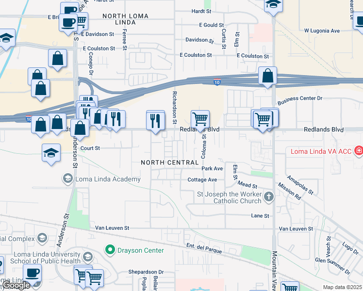 map of restaurants, bars, coffee shops, grocery stores, and more near 30 Dart Street in Loma Linda