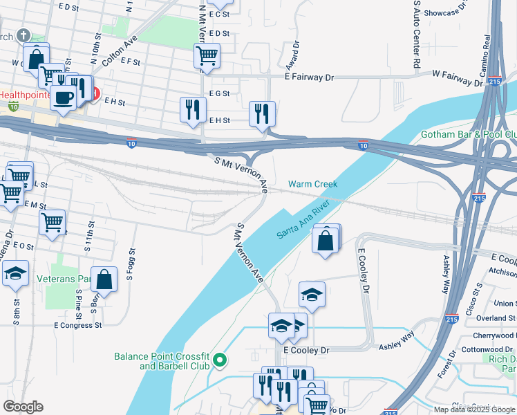 map of restaurants, bars, coffee shops, grocery stores, and more near 372 South Mount Vernon Avenue in Colton