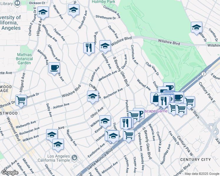 map of restaurants, bars, coffee shops, grocery stores, and more near 1353 Woodruff Avenue in Los Angeles