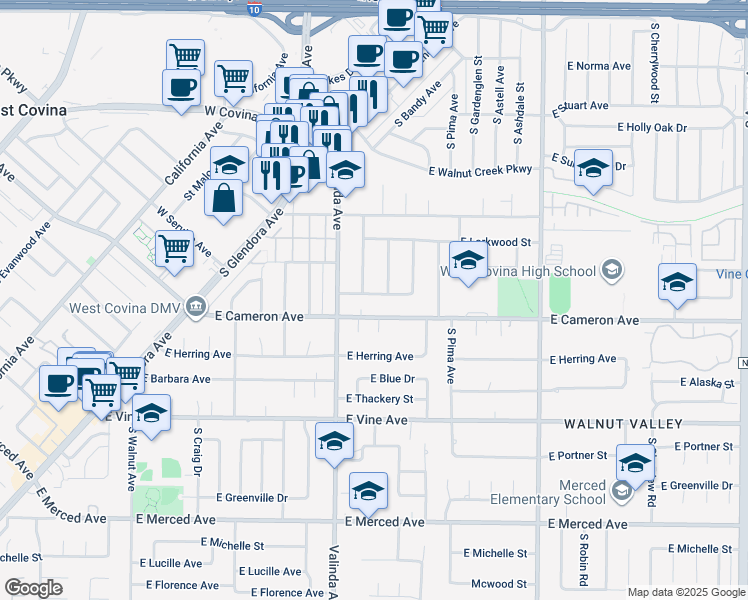 map of restaurants, bars, coffee shops, grocery stores, and more near 1034 East Charlinda Street in West Covina