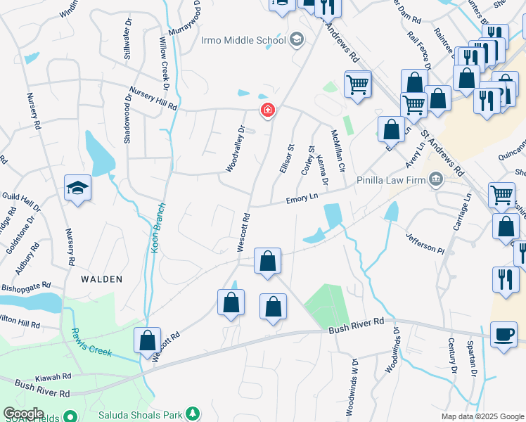 map of restaurants, bars, coffee shops, grocery stores, and more near 606 Emory Lane in Columbia