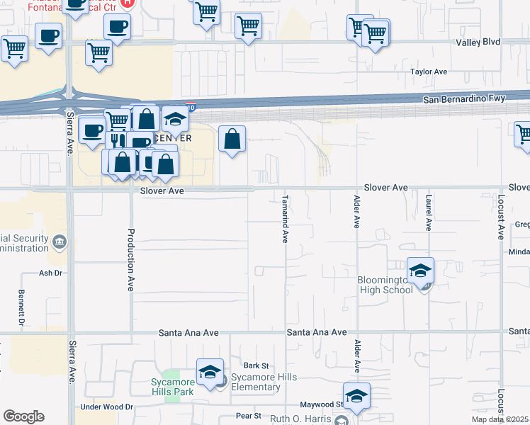 map of restaurants, bars, coffee shops, grocery stores, and more near 10586 Tamarind Avenue in Fontana