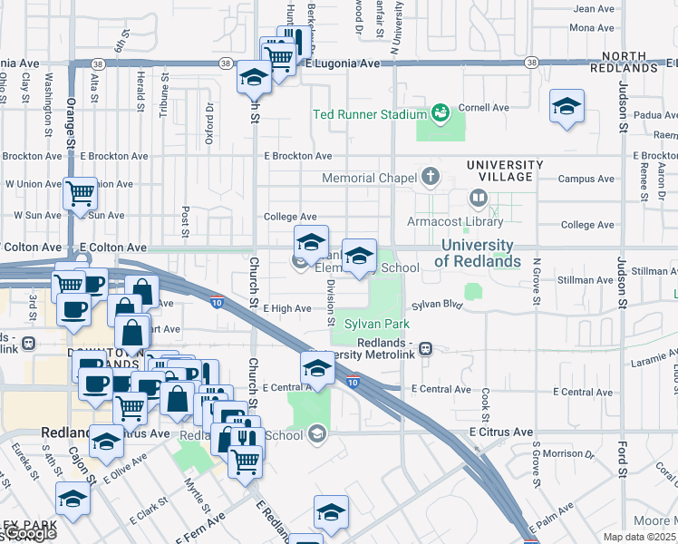 map of restaurants, bars, coffee shops, grocery stores, and more near 909 Stillman Avenue in Redlands