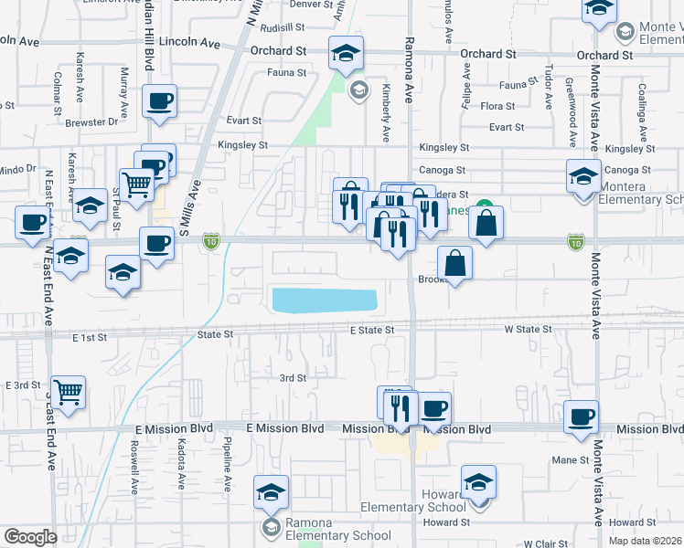 map of restaurants, bars, coffee shops, grocery stores, and more near 4392 Brooks Street in Montclair