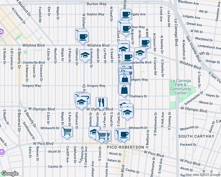 map of restaurants, bars, coffee shops, grocery stores, and more near 305 South Swall Drive in Beverly Hills