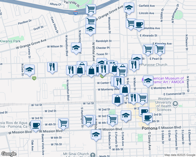 map of restaurants, bars, coffee shops, grocery stores, and more near 572 West Holt Avenue in Pomona