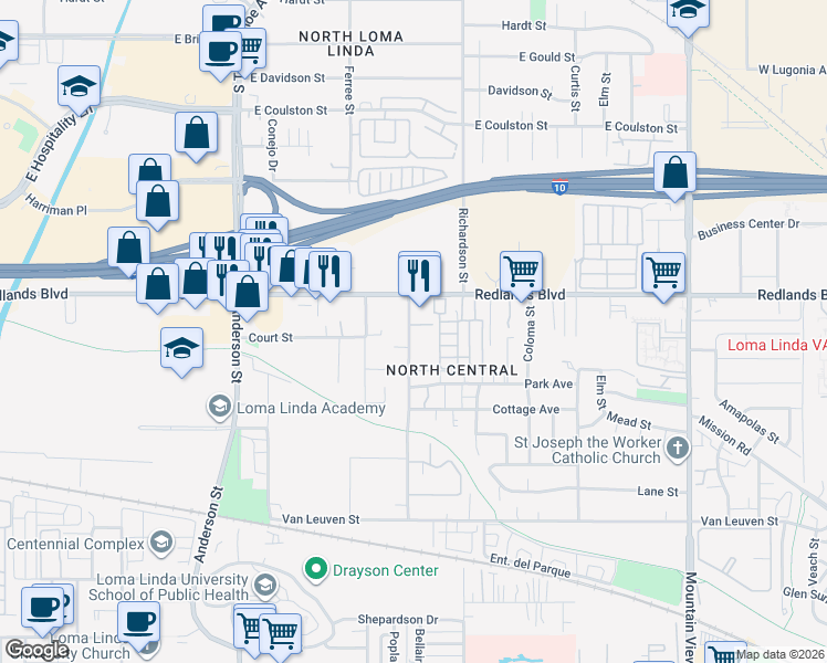 map of restaurants, bars, coffee shops, grocery stores, and more near 10553 Poplar Street in Loma Linda