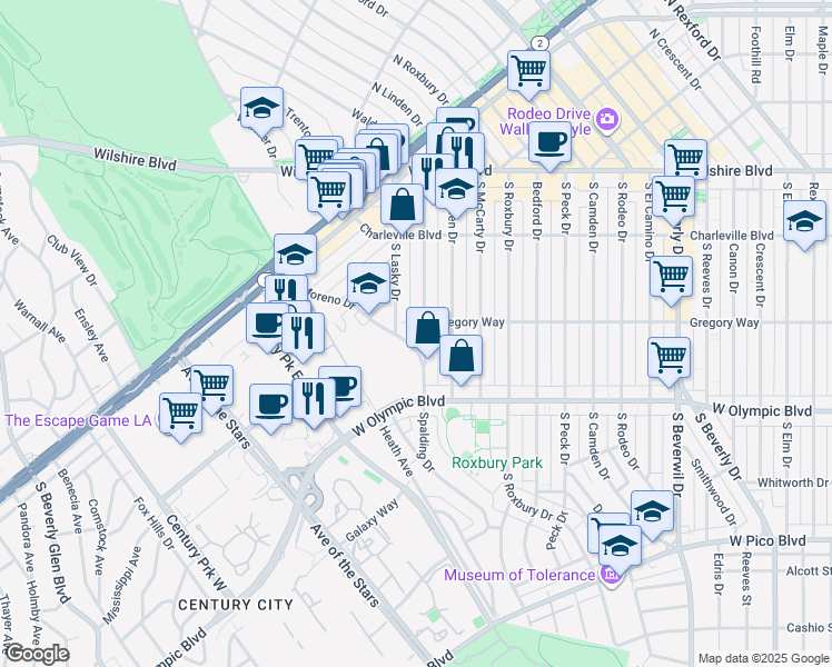map of restaurants, bars, coffee shops, grocery stores, and more near 9754 Gregory Way in Beverly Hills