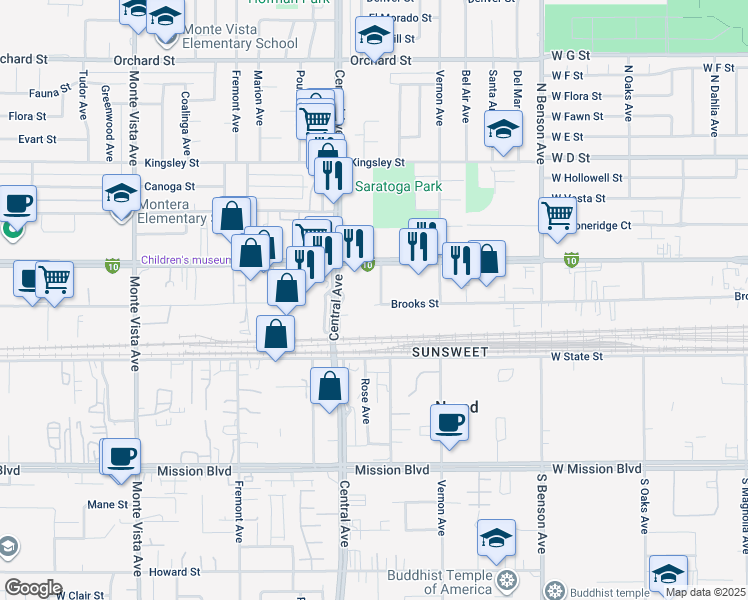 map of restaurants, bars, coffee shops, grocery stores, and more near 10598 Rose Avenue in Montclair