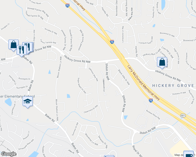 map of restaurants, bars, coffee shops, grocery stores, and more near 4182 Glenaire Way Northwest in Acworth
