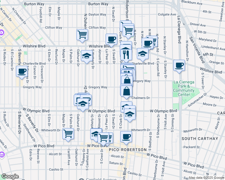 map of restaurants, bars, coffee shops, grocery stores, and more near 305 South Swall Drive in Beverly Hills