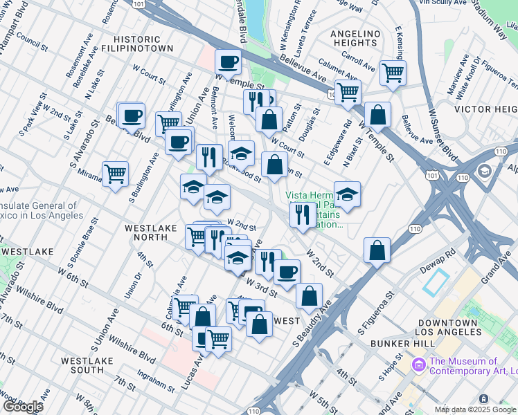 map of restaurants, bars, coffee shops, grocery stores, and more near 111 Lucas Avenue in Los Angeles