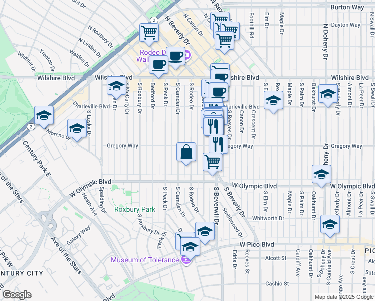 map of restaurants, bars, coffee shops, grocery stores, and more near 305 South Rodeo Drive in Beverly Hills