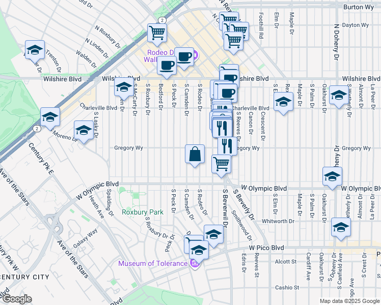 map of restaurants, bars, coffee shops, grocery stores, and more near in Beverly Hills