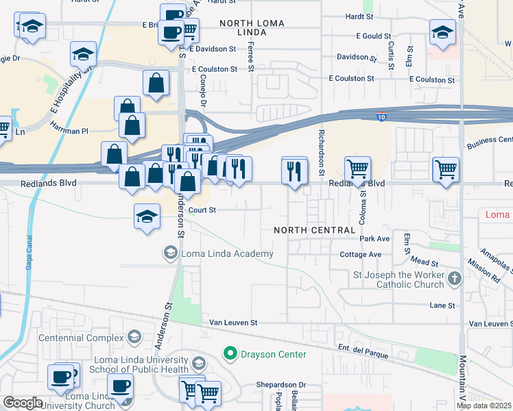 map of restaurants, bars, coffee shops, grocery stores, and more near 25114 Court Street in Loma Linda