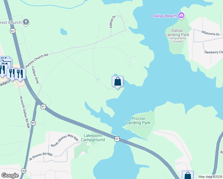 map of restaurants, bars, coffee shops, grocery stores, and more near 5515 Old Grogan Road in Acworth