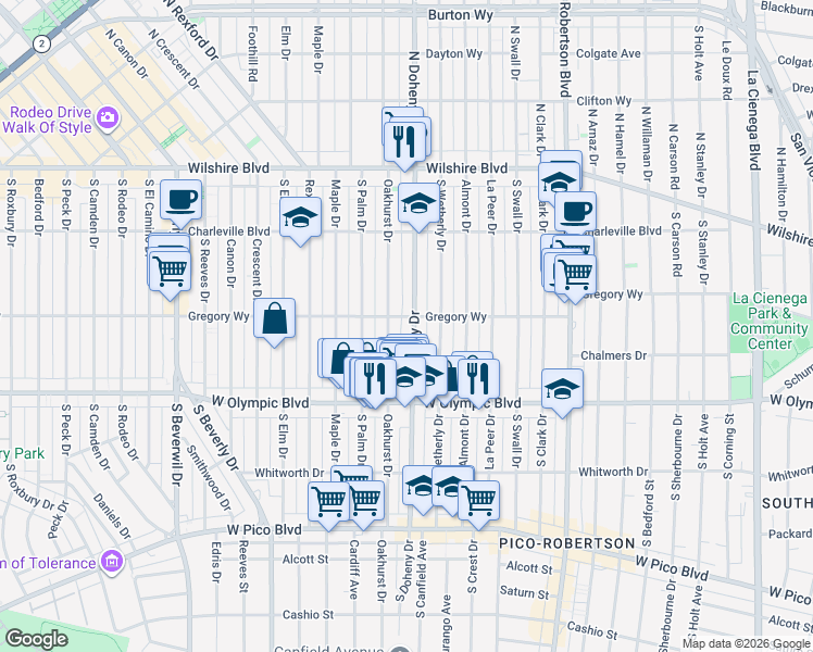map of restaurants, bars, coffee shops, grocery stores, and more near 307 South Doheny Drive in Beverly Hills