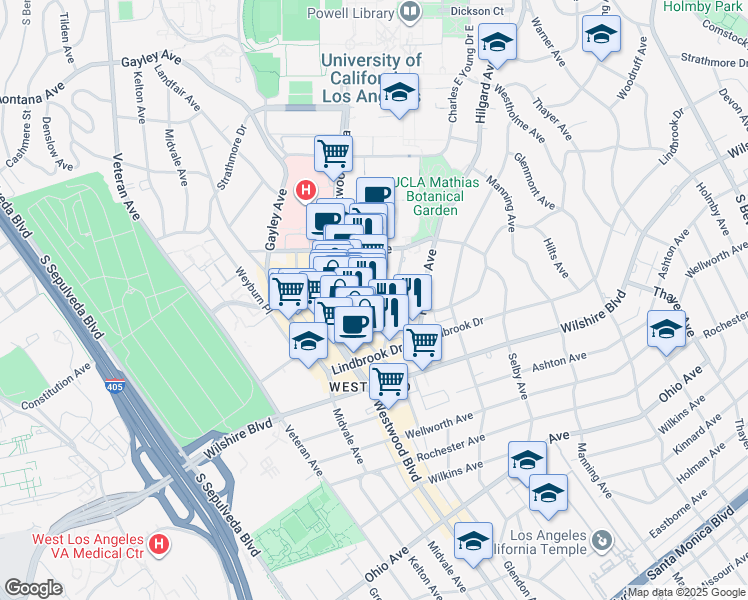map of restaurants, bars, coffee shops, grocery stores, and more near 10857 Weyburn Avenue in Los Angeles