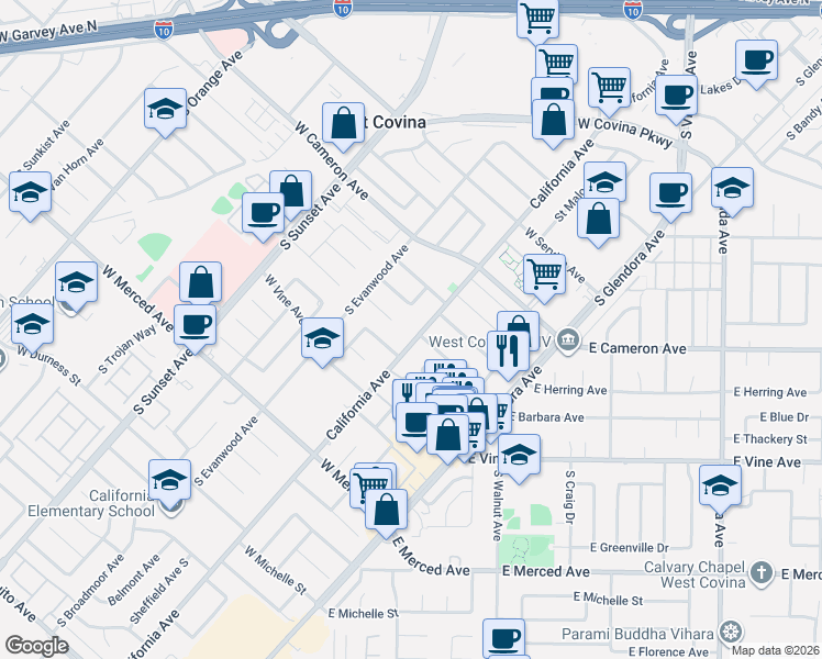 map of restaurants, bars, coffee shops, grocery stores, and more near 901 South California Avenue in West Covina