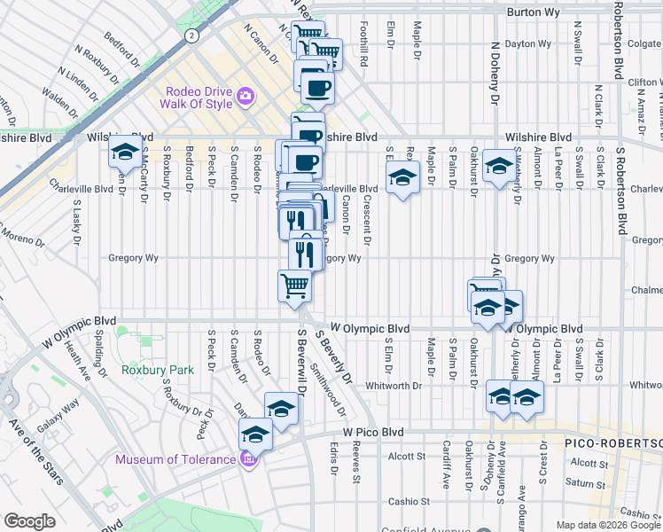 map of restaurants, bars, coffee shops, grocery stores, and more near 304 South Reeves Drive in Beverly Hills
