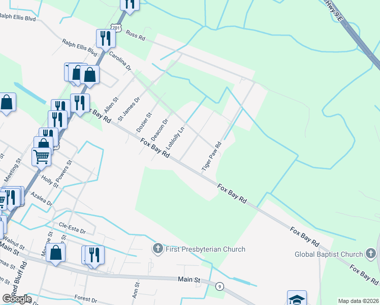map of restaurants, bars, coffee shops, grocery stores, and more near 556 Longleaf Drive in Loris